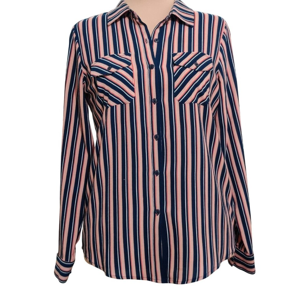 Lynn Ryan L Striped Button Up Shirt Navy Pink Long Sleeve Casual Preppy Retro